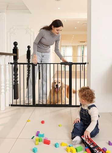 53.46"-55.63" Baby and Pet Safety Gate, 30" Tall Metal Walk-Thru Gate for Doorways & Stairs, Easy One-Hand Open, Dual Lock, Extensions & Wall Mounts Included (Black, 29"-54" W x 30.5“H) by SafeGo