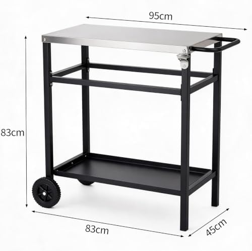 Outdoor Grill Cart, Stainless Steel BBQ Prep Table with 2-Tier Storage, Heavy-Duty Steel Frame, 6-Inch Wheels & Handle, Portable Outdoor Cooking Station for Patio, Backyard, Pizza Oven, Black & Silver - Image 7