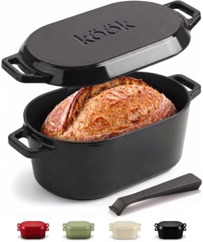 Kook Oval Dutch Oven, for Bread Baking, Sourdough Loaf Pan, with Lid, Dual Handles, Enameled Cast Iron, includes Lid Lever, Dishwasher Safe, 3.4 Qt, Black by Kook