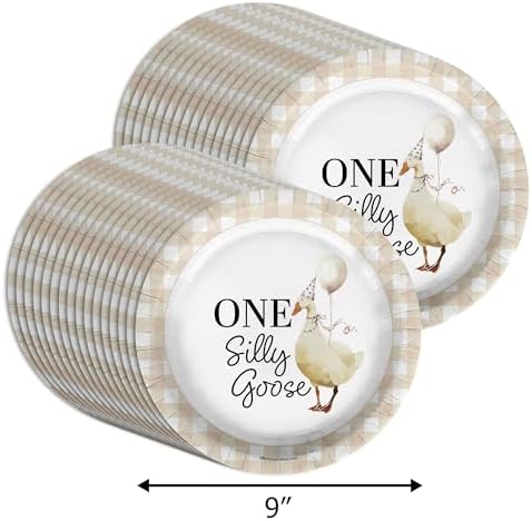 One Silly Goose First Birthday - 32 Piece Disposable Party Supplies - Decorations for Gingham 1st Birthday Round Party Plates - Large 9" Paper Plates In Bulk - Image 7