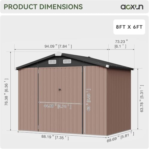 Aoxun 8x6 FT Metal Outdoor Steel Shed w/Base Brown - Image 4