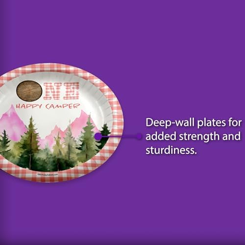 One Happy Camper Girl's First Birthday - 32 Piece Disposable Party Supplies - Decorations for Camping 1st Birthday Round Party Plates - Large 9" Paper Plates In Bulk - Image 3