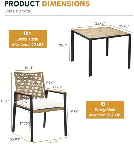 5-Piece Patio Dining Set for 4, Outdoor Dining Set with 4 Wicker Patio Dining Chairs with Cushions & Acacia Wood Square Dining Table with 1.75" Market Umbrella Hole, Yellow & White - Image 3