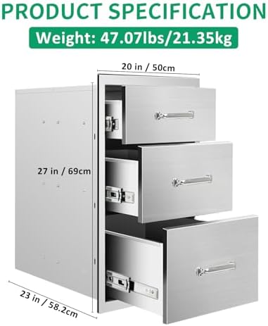 Outdoor Kitchen Drawers 20" W x 27" H x 23" D Stainless Steel Triple Drawers with Ergonomic Handle for BBQ Island, Patio Grill Station & Outdoor Kitchen Cabinets - Image 2