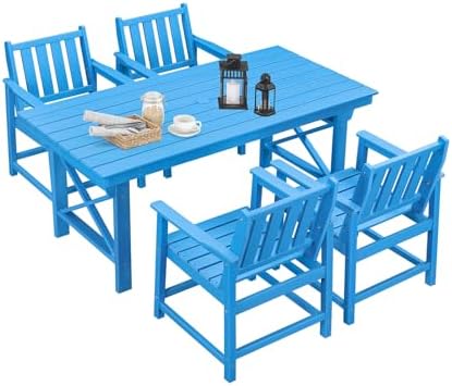 HDPE Patio Dining Set, 5-Piece Outdoor Table and Chairs with Umbrella Hole, Modern Outdoor Dining Set for 4, HDPE Outdoor Patio Furniture Dining Sets for Deck, Poolside, Porch, Sky Blue by SeeHill