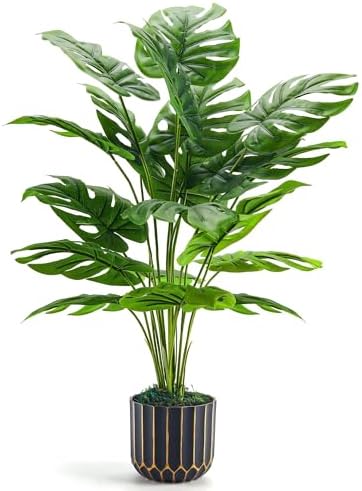 Der Rose 28" Fake Plants, Monstera Plant in Black Gold Pot for Home Decor by DerRose
