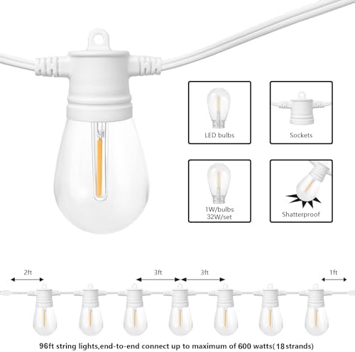 SUNTHIN 96FT White Outdoor String Lights with 32 LED Bulbs - Image 2