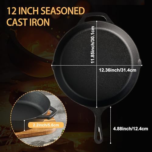 EWFEN Cast Iron Skillet 12 Inch, Pre-Seasoned Frying Pan, Heavy-Duty Professional Restaurant Chef Quality Cookware with Drip Spout, Indoor & Outdoor Use, Compatible with Oven, Stove, Grill & Campfire - Image 2