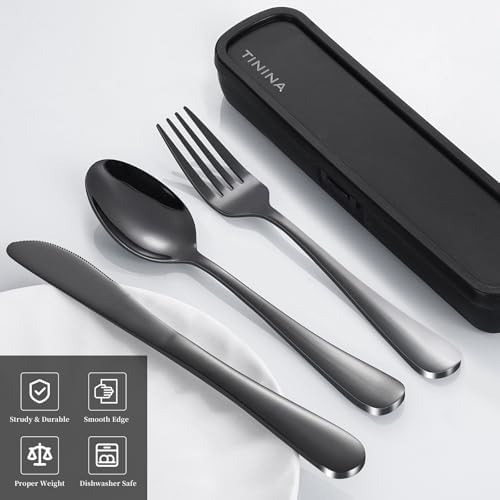 Travel Utensils with Case, 4-Piece Stainless Steel Portable Cutlery Set, Reinforced Case with Buckle Design, Lunch Box for Camping Work School, Include Fork Spoon Knife, Dishwasher Safe, Black - Image 2