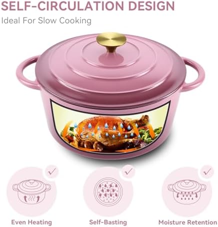 Miereirl 6 Quart Enameled Dutch Oven Pot with Lid, Cast Iron Dutch Oven with Dual Handles for Bread Baking, Cooking, Non-stick Enamel Coated Cookware, Rose - Image 7