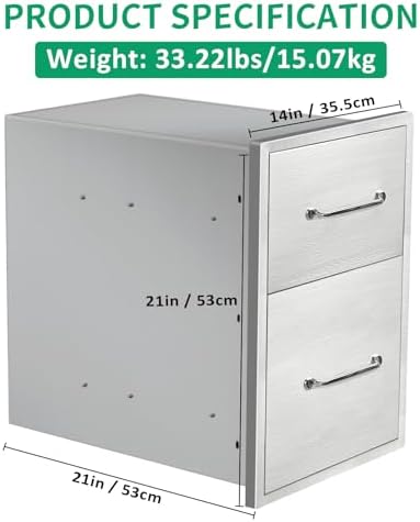 Outdoor Kitchen Drawers 14" W x 21" H x 21" D Stainless Steel Double Drawers with Ergonomic Handle for BBQ Island, Patio Grill Station & Outdoor Kitchen Cabinets - Image 2
