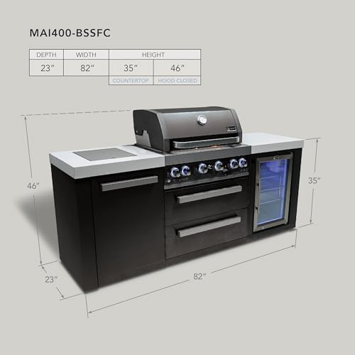 Mont Alpi 82"W x 23"D x 46"H Black Stainless Steel Modular Outdoor Kitchen Island with Refrigerator + 32"W 4-Burner BBQ Gas Grill + Side Burner + Granite Countertops + Storage Cabinets & Drawers - Image 2
