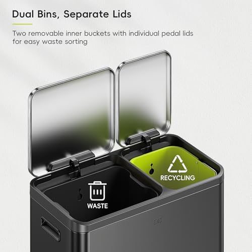 EKO EcoCasa 8+5 Gal (30+20L) Dual Trash Can for Kitchen, Large Stainless Steel Step-On Garbage Can, Trash and Recycle Bin Combo with Soft-Close Lids, Removable Color-Coded Inner Buckets, Matte Black - Image 4