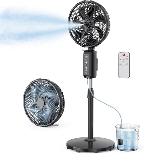ATEngeus Outdoor Misting Fan 20000mAh Up to 21H Running Time, 12-Inch outdoor Oscillating Fan for Patios, 2 In 1 Pedestal & Tabletop Cooling Fan with Mister, Corded & Cordless, 7 Speeds, Remote, Timer by ATEngeus