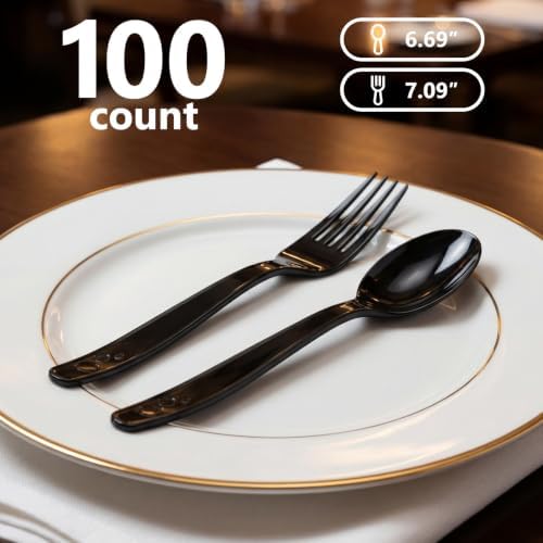 SACATR 100 Count Black Plastic Silverware Heavy Duty -Forks, Spoons - Image 2