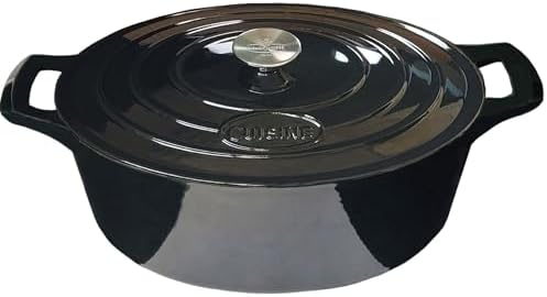 La Cuisine Enameled Cast Iron Oval Dutch Oven Casserole Pot with Lid 6.75 QT Internal Matte Black Enamel Coating for bread baking, GlassTop Oven-Safe 550°F/276°C, Glossy Black by LaCuisineforlife