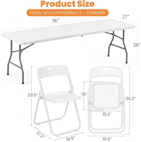 8 FT Plastic White Folding Table Chairs Set for Banquet, 11-Piece - Image 3