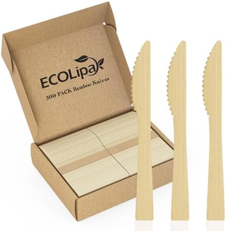 ECOLipak 300 Count Disposable Compostable Bamboo Knives for Party, Dinner by ECOLipak