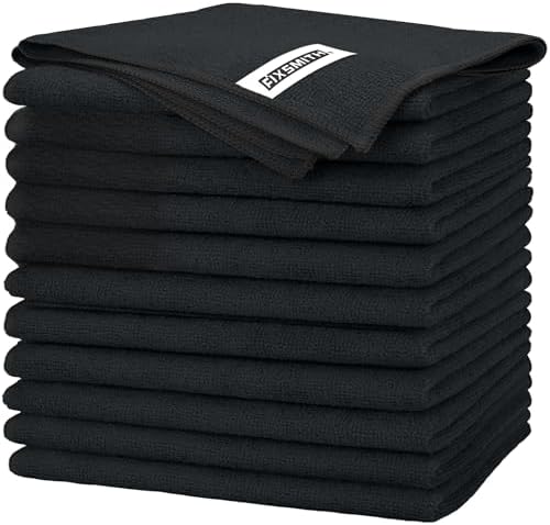 FIXSMITH Black Microfiber Cleaning Cloth -Pack of 12, Highly Absorbent Cleaning Rags, 16"X12" All Purpose Cleaning Towels for Housekeeping, Kitchen, Car, Lint Free and Reusable Microfiber Towels by FIXSMITH