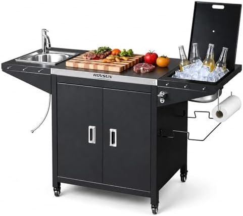 ROVSUN Outdoor Grill Cart with Sink, 304 Stainless Steel Sink with Chilly Bin Cooler, Rolling Kitchen Prep Island with Cabinet, Bottle Opener, Rubbish Rack, Patio, Gardens, Backyards by ROVSUN