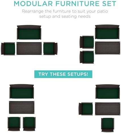 Best Choice Products 4-Piece Outdoor Wicker Patio Conversation Furniture Set for Backyard w/Coffee Table, Seat Cushions - Brown/Midnight Green - Image 2