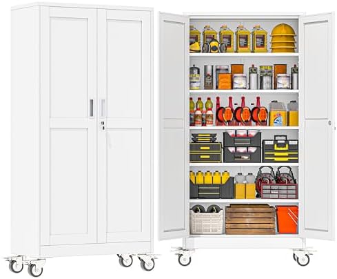 GAIOUS 73.6” Tall Metal Garage Storage Cabinet with Lock, Steel Tool Cabinet with 5 Adjustable Shelves, New Upgrade Lockable File Cabinet with Wheels, Organization for Home Office Garage Gym - White by GAIOUS