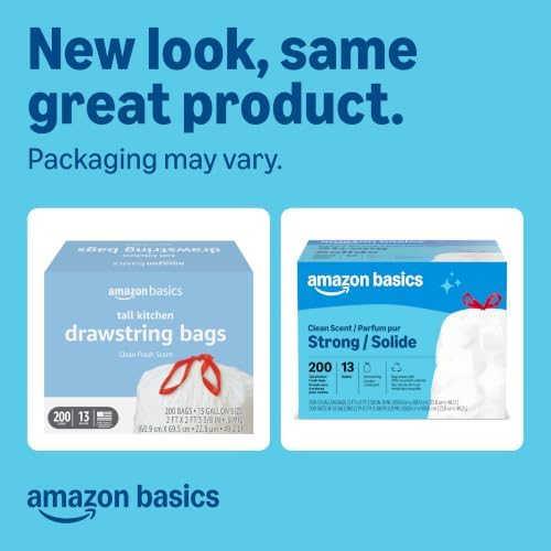 Amazon Basics Scented Trash Bags, Tall Kitchen Drawstring, Clean Scent, 13 Gallon, 200 Count, Pack of 1, Packaging May Vary - Image 2