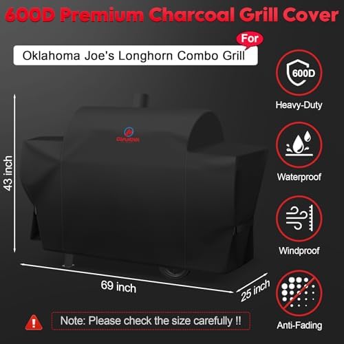 Grill Cover for Oklahoma Joe's Longhorn Combo Grill - 600D Premium BBQ Cover Waterproof & Heavy Duty for Oklahoma Joe's Charcoal Gas Smoker Combo, 69" L x 25" W x 43" H - Image 2