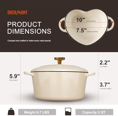 Overmont Enameled Cast Iron Dutch Oven - 2QT Heart-Shaped Mini Pot with Lid - Image 4