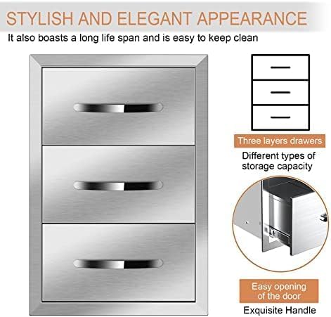 Outdoor Kitchen Drawers Stainless Steel 3-Drawer BBQ Drawer Enclosed Built-in Drawer Flush Mount For Outdoor Kitchens & BBQ Islands,14Wx21Dx21H - Image 7