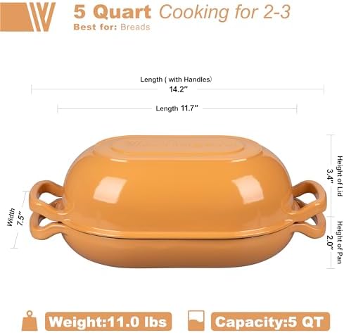 VORRINGARD Enameled Cast Iron Sourdough Bread Oven, Dutch Oven, Loaf Cast Iron Bread Pan for Homemade Bread Baking, Meatloaf Pan with Lid, 5QT, Yellow - Image 2