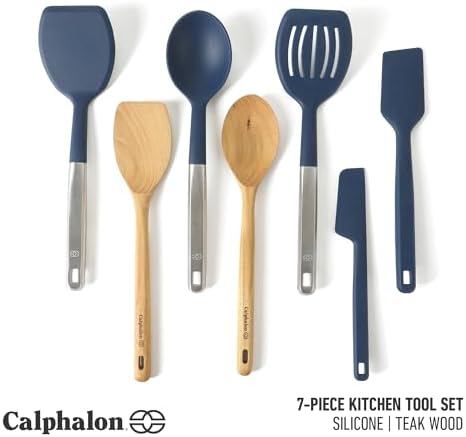 Calphalon Prime 7-Piece Silicone and Teak Wood Kitchen Tool Set, Stainless Steel Kitchen Utensil Set, Kitchen Spoon And Spatula Set, Heat Resistant Non-Slip Kitchen Gadgets Set - Navy Blue - Image 2