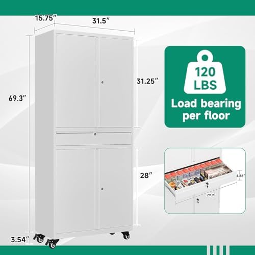 Letaya Metal Garage Storage Cabinet with Wheels,72“ Rolling Tool Cabinet with 4 Door Lock-Adjustable Shelves and Drawer for Garage Home Office Utility Room (White with Wheels) - Image 3