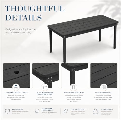 67" Rectangular Outdoor Dining Table, All-Weather HDPE Patio Table for 6-8 Person, Large Composite Wood Furniture with Umbrella Hole for Backyard Deck Garden Poolside, Black - Image 7