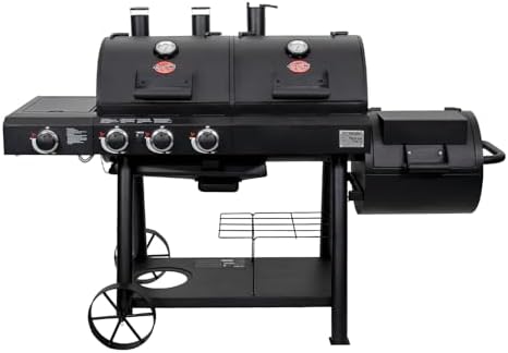 Char-Griller® Texas Trio 3-Burner Gas & Charcoal Grill and Smoker, Push Button to Ignite, Dual temperature Guages, Side Burner, Includes Side Firebox, 1,390 Cooking Square Inches, Black, Model# 3070 by Char-Griller