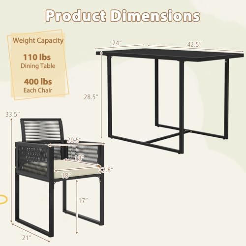 Tangkula 3 Pieces Patio Dining Set, Outdoor Space-Saving PE Wicker Bistro Set with Cushions, Patio Tempered Glass Top Table and Chairs Set for Porch, Garden and Backyard - Image 4