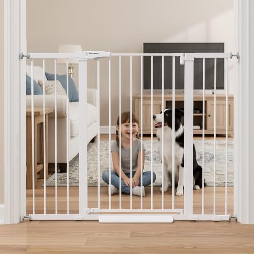 Mumeasy 36" Extra Tall Baby Gate for Stairs, 29.7-51" Wide Dog Gates Indoor for Doorways with Easy Walk Thru, Auto Close Pet Safety Gate for House, Pressure Mounted Metal Child Gate with Door, White by Mumeasy-FocusonBabyPetSafetyGate