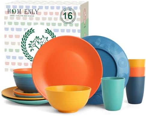 Homienly Dish Set Wheat Straw Dinnerware Sets Unbreakable Reusable Dinnerware Set 16 PCS Cups Plates and Bowls Sets, Microwave and Dishwasher Safe Dishes for Camping, Outdoor - Colorful by HOMIENLY