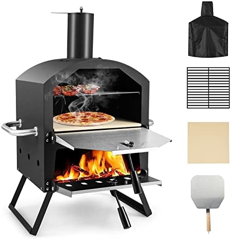 PETSITE Pizza Oven Outdoor, Wood Pellet Fired Pizza Oven with 12 Inches Pizza Stone & Waterproof Cover, 2-Tier Design Portable Stainless Steel Grill Pizza Maker for Outside Backyard Party by PETSITE