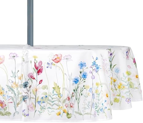 Zipper Tablecloth with Umbrella Hole for Patio Table, Waterproof Polyester Outdoor Table Cover, Easy Install Split Design, Wind Resistant, Multiple Patterns for Picnic, BBQ & Garden by Rodvnyh
