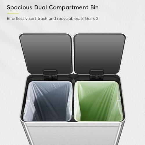 EKO Edison Dual Trash Can for Recycling and Trash, 8+8 Gallons Kitchen Garbage Can with Dual Removable Inner Liners, Independent Lids and Pedals, Matte Stainless Steel - Image 3