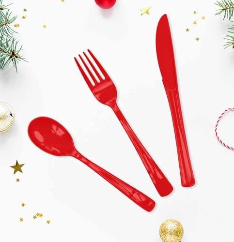HEIPINIUYE 75 Pack Red Plastic Cutlery Heavy Duty Red Plastic Knives Forks and Spoons Disposable Silverware Set for 25 Guest Camping Birthday Baby Shower Party Cutlery Set - Image 2