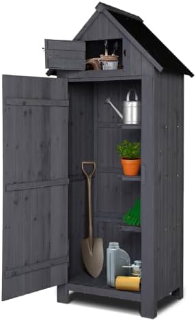 VINGLI Outdoor Wooden Storage Shed, Garden Shed Outside Tool Cabinet with Safety Latch, Patio Storage Organizer (Dark Grey) by VINGLI