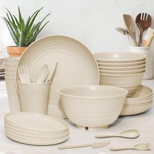 SHECIPIN 42-Piece Wheat Straw Dinnerware Set, Large Round Plates, Bowls and Cups, Unbreakable dish set, Dishwasher and Microwave Safe, Outdoor Dishes (Beige) - Image 6