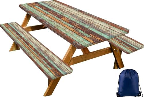 CAPSCEOLL Elastic Picnic Table Cover with Bench Covers 8ft - Windproof Scratch-Resistant Waterproof - Rustic Wood Camping Tablecloth with Drawstring Bag for RV Essentials Pet Lovers (96in, 3 PCS) by CAPSCEOLL