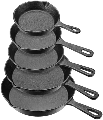 Vesici 5 Pcs Cast Iron Skillet Frying Pans with Drip-spouts Circle Non-stick Frying Skillet Omelette Pan Safe Healthy Cookware for Home Barbecue Kitchen Party Restaurant Catering Service (Mixed Size) by Vesici