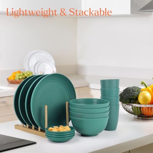 Wrova Wheat straw plates and bowls set of 16 - Unbreakable wheat straw dinnerware sets for kids - Alternative plastic dinnerware set service for 4 - Microwave safe and Dishwasher safe bowls. Green - Image 4
