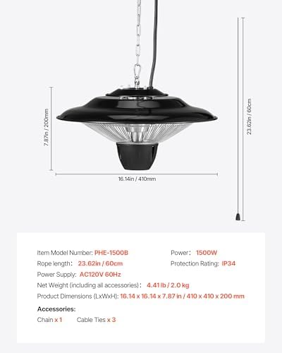 VEVOR Hanging Patio Heater, 1500W Electric Space Infrared Heater, IP34 Protection with 23.6 inch Pull Cord & Adjustable Chain, for Porch,Patio,Dining Room,Studio Outdoor/Indoor - Image 7