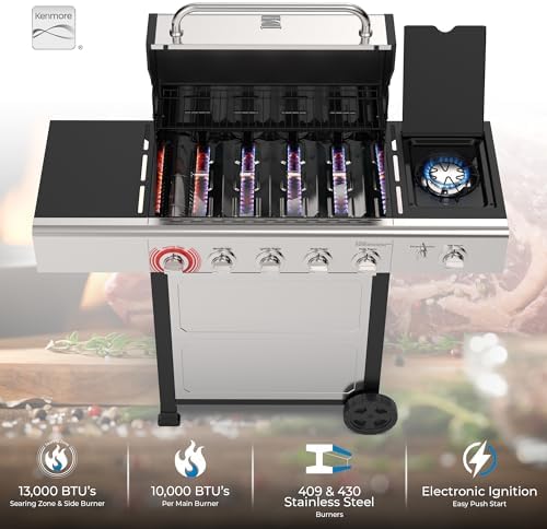 Kenmore 4-Burner Gas Grill with Side Burner, Outdoor BBQ Grill, Propane Gas Grill, Cast Iron Cooking Grates, Electronic Ignition, Warming Rack, Open Cart Design, 53000 BTUs, Stainless Steel - Image 3