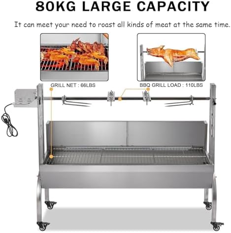 Rotisserie Grill With Wind Screen, Stainless Steel Charcoal Spit, Electric Pig Rotisserie Machine, 176LBS/80KG BBQ Grill for Pig Roasting, Camping & Backyard Use - Image 5